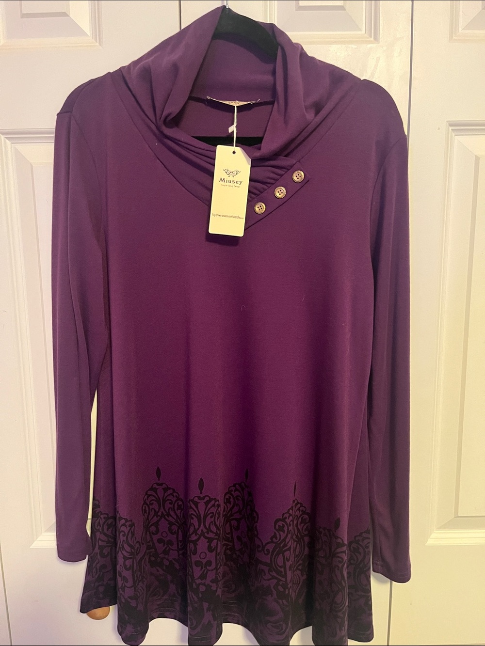 Miusey Plum Cowl-Neck Long Sleeve Top with Button Trim Size Large NWT
